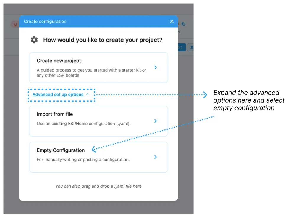The create new project screen, with advanced options expanded to reach empty configuration.