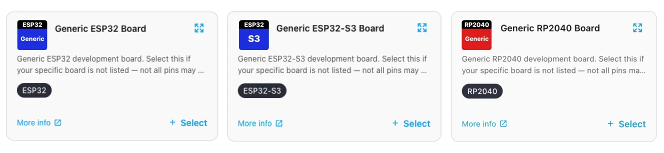 The select-your-board screen in ESPHome showing example generic board variants with search and filters.