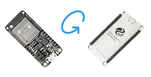 Two opposite sides of an ESP board, showing that you should check every side for the printed name.