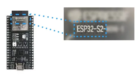 Close-up of a board showing the printed variant name ESP32-S2.