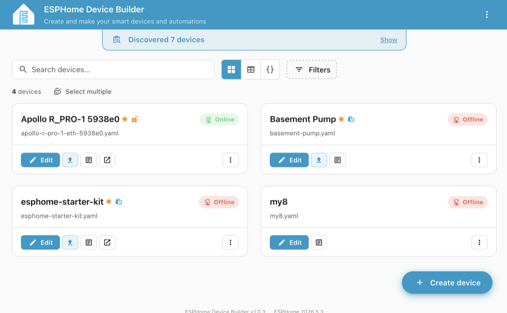 The ESPHome Device Builder device list