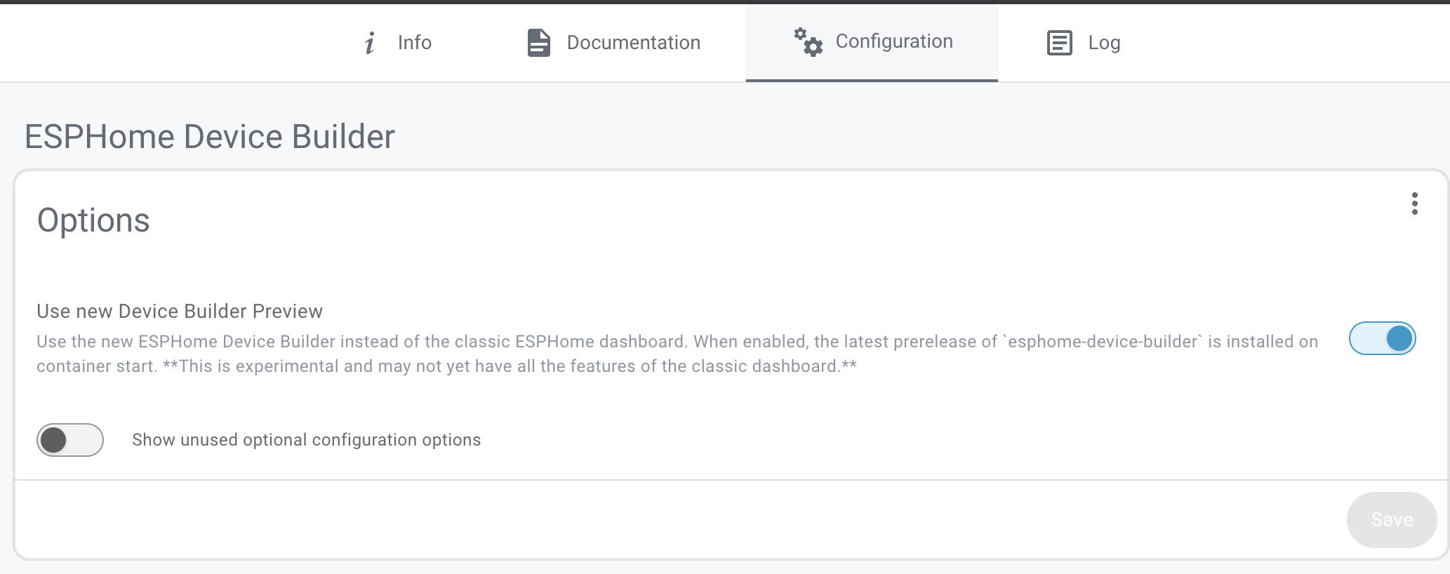 Toggle "Use new Device Builder Preview" under the ESPHome Device Builder Configuration tab in Home Assistant